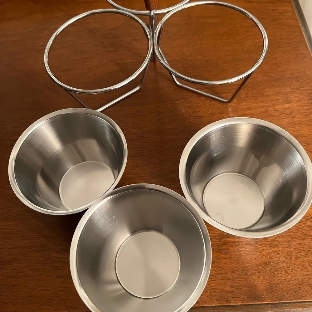Vintage Stainless Steel & Wood Condiment Caddy - snack caddy